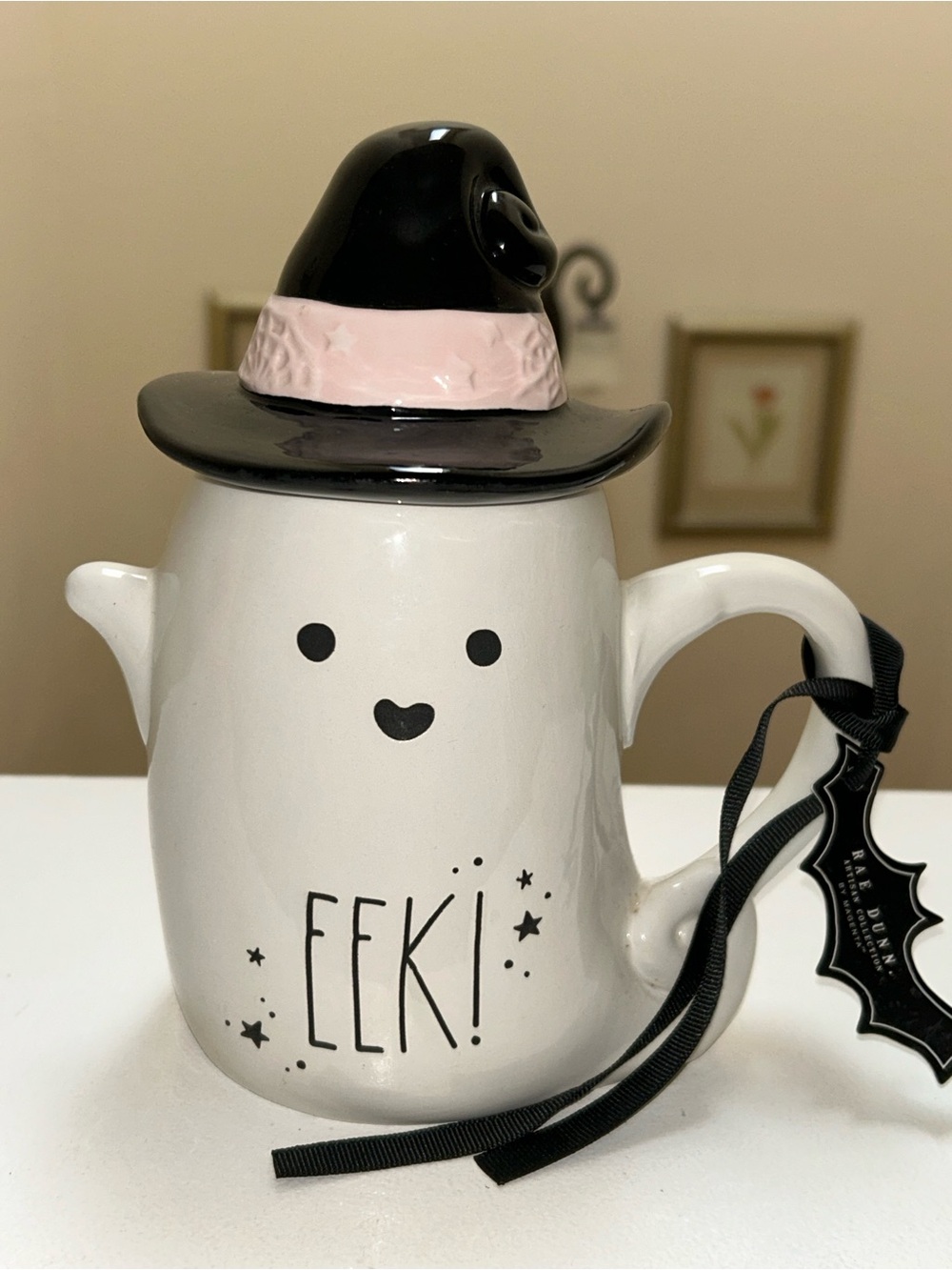 Rae Dunn Black and White Ghost with Removable Pink and Black Witch Hat Lid